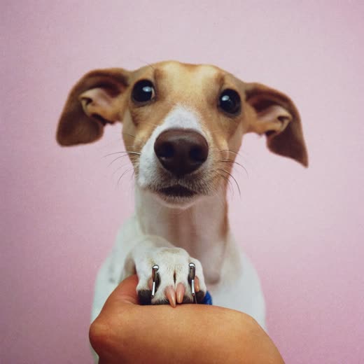 A dog's paw held in a hand while its nails are clipped
